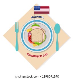 National Sandwich Day. Vector Illustration. Suitable for poster, banner, campaign, and greeting card. Slice of bread with vegetables tomato, lettuce, cheeseand bacon. Sandwich with  american flag.
