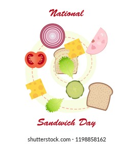 National Sandwich Day. Vector Illustration. Slice of bread with vegetables tomato, lettuce, cheese, cucumber and bacon.