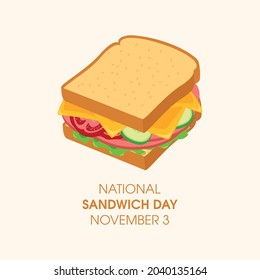 National Sandwich Day vector. Toasted bread with ham, cheese and vegetables icon vector. Healthy snack vector. Sandwich Day Poster, November 3. Important day