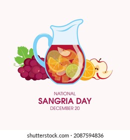 Vector del Día Nacional Sangria. Sangria en una jarra de vidrio y con vectores de frutas. La bebida tradicional española sangria todavía vector de vida. Afiche del Día de Sangria, 20 de diciembre. Día importante