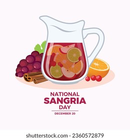 National Sangria Day vector illustration. Pitcher of red sangria with fruit and spices icon vector. Traditional spanish wine alcoholic beverage drawing. December 20 every year. Important day