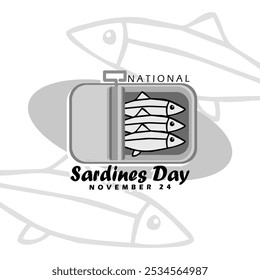 National Sardines Day to celebrate on November 24th. Illustration of a can of sardines on white background. Food event banner.