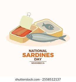 National Sardines Day poster vector illustration. Sardine can icon vector. Canned fish vector. Fish sardines in a box drawing. Template for background, banner, card. November 24. Important day