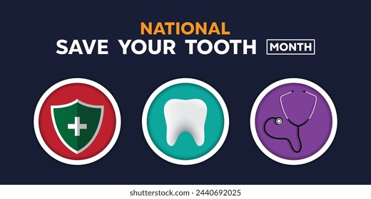 National Save Your Tooth Month. Tooth, stestoscope and shield. Great for cards, banners, posters, social media and more. Dark blue background. 
