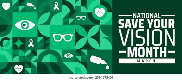 National Save Your Vision Month geometric shape pattern background banner or poster design template. observed every year in March. Holiday concept. Use to any Template, card, poster, placard, template
