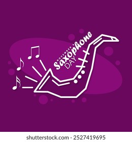 National Saxophone Day is celebrated on November 6. Line art illustration of a saxophone wind instrument with musical notes on a dark purple background. Music event banner