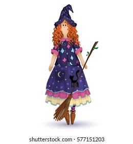 National Scandinavian rag doll in the form of kitchen witch with red curly hair. Witch hat, skirt with applique black cat and stars. hands holding a broom. Vector character in cartoon style.