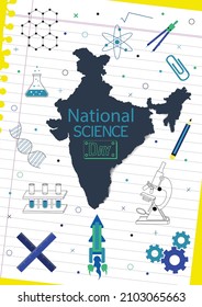 National Science Day Celebration in India Poster Flyer with Scientific cute illustrations of molecules, rocket, microscope