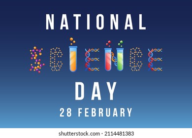 national science day creative design with science written from sequence DNA, molecule, and lab tube