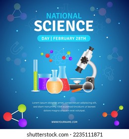 National Science day February 28th square banner design with laboratory equipment illustratoin on isolated background