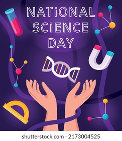 National science day. Festive poster or banner, greeting card. Curious characters, development of society, technology and innovation. Physics, chemistry and biology. Cartoon flat vector illustration