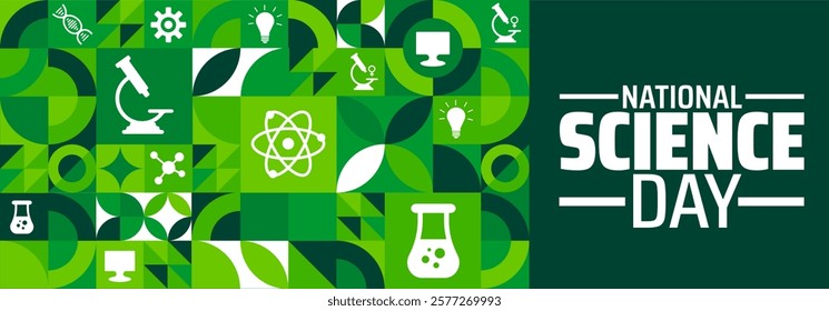 National Science Day geometric shape pattern background banner or poster design template. observed every year in February. Holiday concept. Use to any Template, card, poster, placard, template.