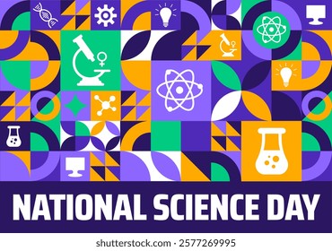 National Science Day geometric shape pattern background banner or poster design template. observed every year in February. Holiday concept. Use to any Template, card, poster, placard, template.