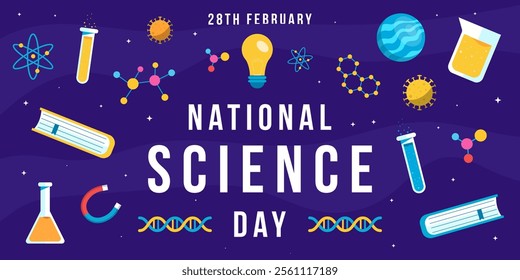 national science day horizontal banner illustration in flat style
