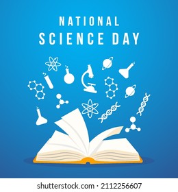 national science day illustration flat design style with book opened and flying science element