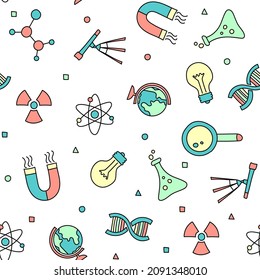National Science Day Objects hand-drawn vector pattern in doodle style. 