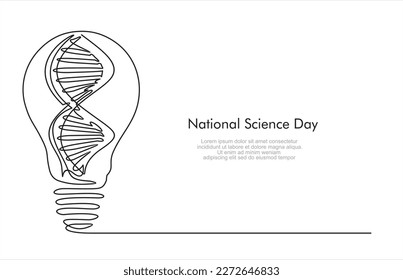 National Science Day. One continuous line drawing of  light bulb idea and DNA inside, Chemistry and science education concept. Can used for logo, emblem, slide show and banner. 