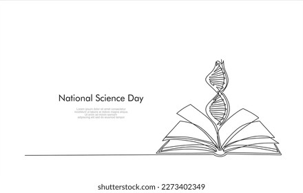 Día Nacional de la Ciencia. Dibujo de línea continua de libro abierto y ADN Ilustración de dibujo de línea única ilustración vectorial