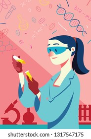 National Science Day poster. with all the science elements and icons. Cartoon doctor with medicines.