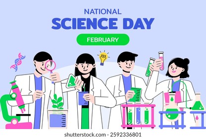 National Science Day Poster, Science Innovation Event Banner.Scientist Character illustration.