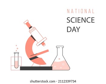National Science Day poster with Microscope, flask and test tube.