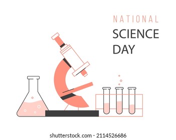 National Science Day poster with Microscope, flask and test tube.