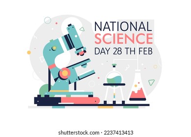 Ilustración plana vectorial del Día Nacional de la Ciencia. Hermoso fondo horizontal de afiche.