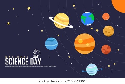 National Science Day: Vertical poster with a blue background. 'NATIONAL SCIENCE DAY' in white at the top, followed by the date. 