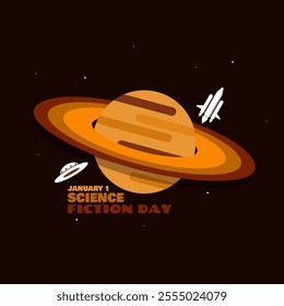 National Science Fiction Day to celebrate on January 2nd. Illustration of the planet Saturn with a spaceship and a UFO