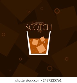 National Scotch Day event drink banner. Illustration of a glass of Scotch drink with ice cubes on a dark brown background to celebrate on July 27th