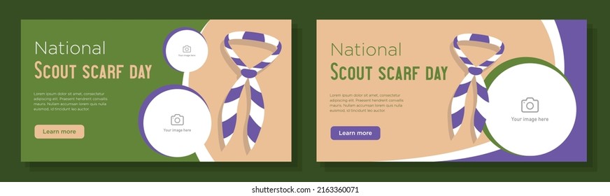 National scout scarf day online banner template set, world scouting celebration advertisement, horizontal ad, summer camp webpage, kids adventure creative brochure, isolated on background.