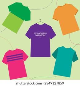 National Secondhand Wardrobe Day on august 25 with vector illustration some t-shirt, hanger and text isolated on soft green background for commemorate and celebrate National Secondhand Wardrobe Day. 