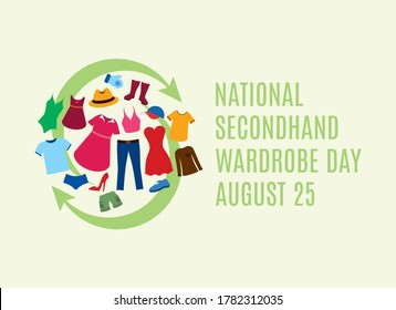 National Secondhand Wardrobe Day vector. Second hand clothes vector. Different types of clothes icon set. Sustainable Fashion icon. Secondhand Wardrobe Day Poster, August 25