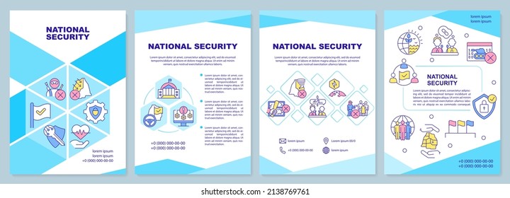 National security blue brochure template. State protection. Leaflet design with linear icons. 4 vector layouts for presentation, annual reports. Arial-Black, Myriad Pro-Regular fonts used