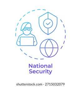 Ícone de conceito de gradiente azul de segurança nacional. Cibersegurança das redes. Proteção mundial. Serviço militar. Ilustração de linha de forma redonda. Ideia abstrata. Design gráfico. Artigo fácil de usar