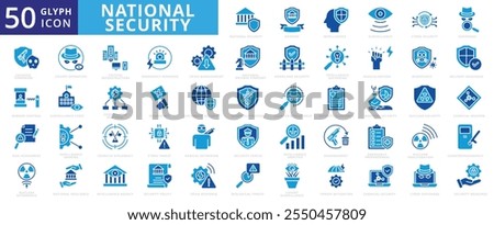 National security icon set with defense, intelligence, surveillance, cyber security, espionage, homeland, counter, resilience, state, attack, nuclear, agency, strategy, and counter terrorism.