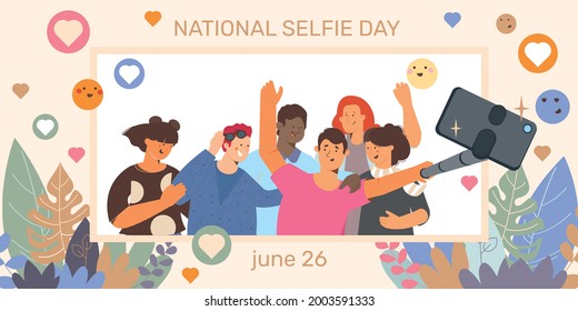 National selfie day card featuring happy people with selfie stick flat vector illustration