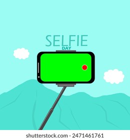 National Selfie Day event banner. A cellphone with a green screen and a selfie stick on mountain background to celebrate on June 21st