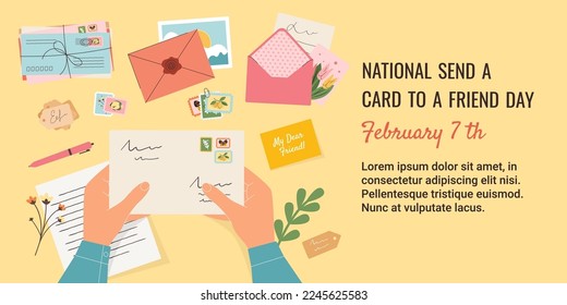National Send A Card To A Friend Day horizontal banner for social post. Hands holding a stamped envelope, a handwritten letter below them to send to a friend. Vector illustration in flat style