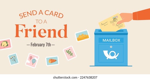 National Send A Card To A Friend Day horizontal banner for social post. Hand sends an envelope to the mailbox. Mail delivery vector illustration in flat style