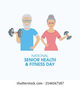 National Senior Health and Fitness Day vector. Happy senior couple exercising with dumbbells vector. Elderly people doing sport icons. Training couple of seniors vector. Important day