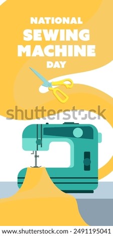 National Sewing Machine Day on June 13, business brochure design, banner flyer, vector template, cover presentation, modern edition poster, retro style on blue yellow fabric. A simple Vertically
