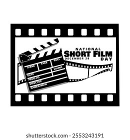 National Short Film Day to celebrate on December 28th. A movie clapper with film tape on white background.