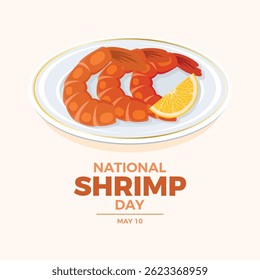 Ilustração vetorial do cartaz do Dia Nacional do Camarão. Comida de camarão em um vetor de placa. Camarão frutos do mar com desenho de limão. Modelo para plano de fundo, banner, cartão. 10 de maio de cada ano. Dia importante