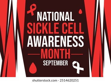 National Sickle Cell Awareness month red background design with ribbon, drop and typography in the center.