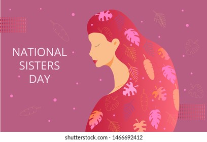 National Sisters Day in United States, family holiday, celebrated in August. Young woman, happy sister, feminism concept vector for greeting card, flyer, banner, app, website, background.