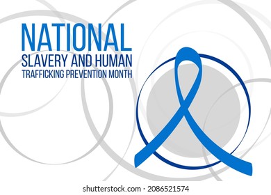 National slavery and human trafficking prevention month concept. Banner with blue ribbon awareness and text. Vector illustration.