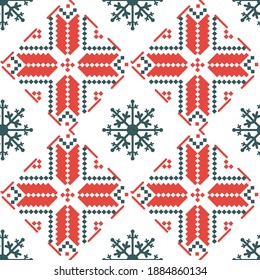 National slavic folk symbols from Belarus on repeating background for prints, textiles and fabric design. Seamless pattern with Belarusian traditional ornament in historical red and white colors. 