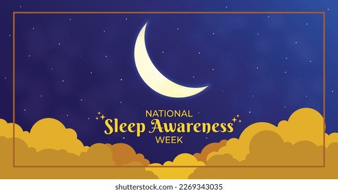 National Sleep Awareness Week Horizontal Poster Vector Illustration. Celebration in March Month. Realistic cloudy sky and moon design. Website header, promotion, banner, advertisement graphic resource