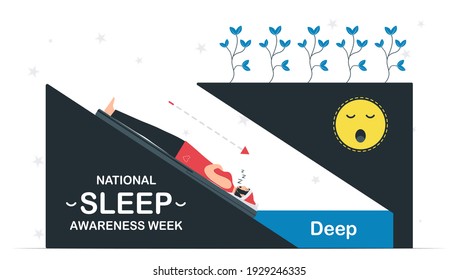 National Sleep Awareness Week. Woman is in deep dream. Vector illustration in flat style. This graphic is isolated on white background. 14 to 20 March, 2021.